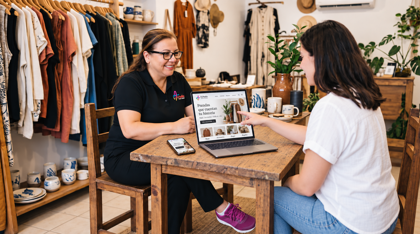 Diseñadora de ALPaulin conversando con una clienta y mostrando una página web para boutique en laptop y celular