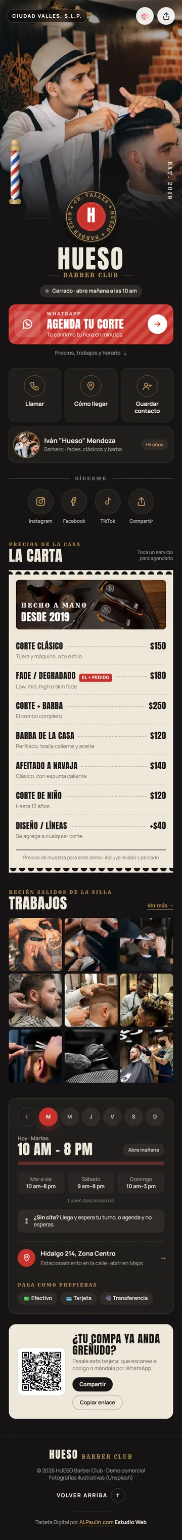 Página para barbería, vista completa en celular