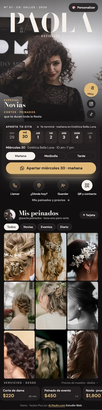 Tarjeta digital para estilista, vista completa en celular