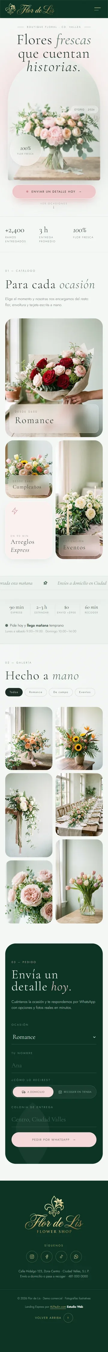 Página para florería, vista completa en celular