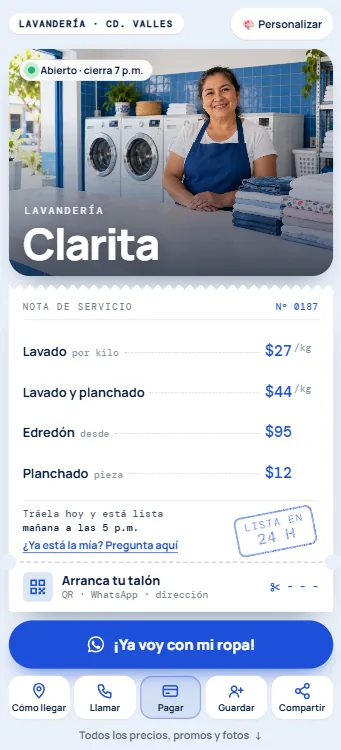 Tarjeta Plus para lavandería, vista en celular