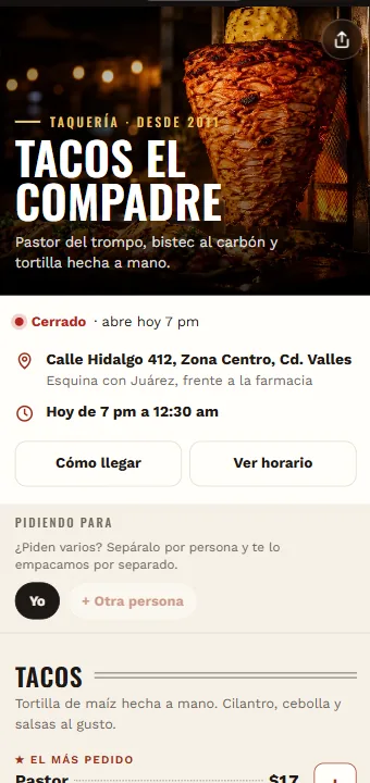 Menú Express para taquería, vista en celular