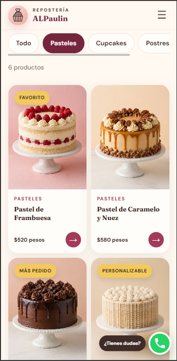 Sitio Express para una repostería visto desde celular
