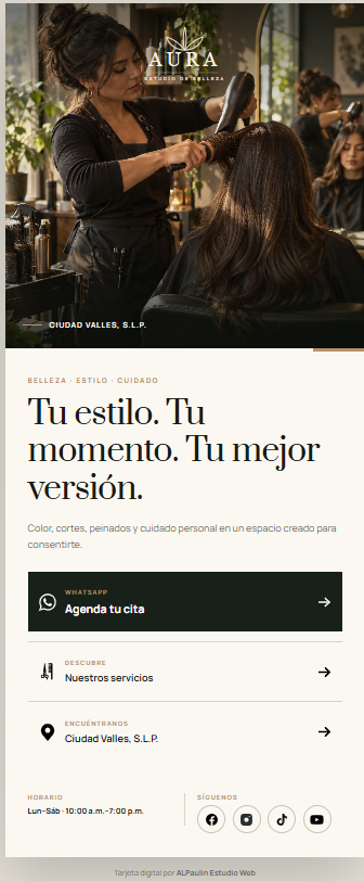 Tarjeta Digital para un estudio de belleza vista desde celular