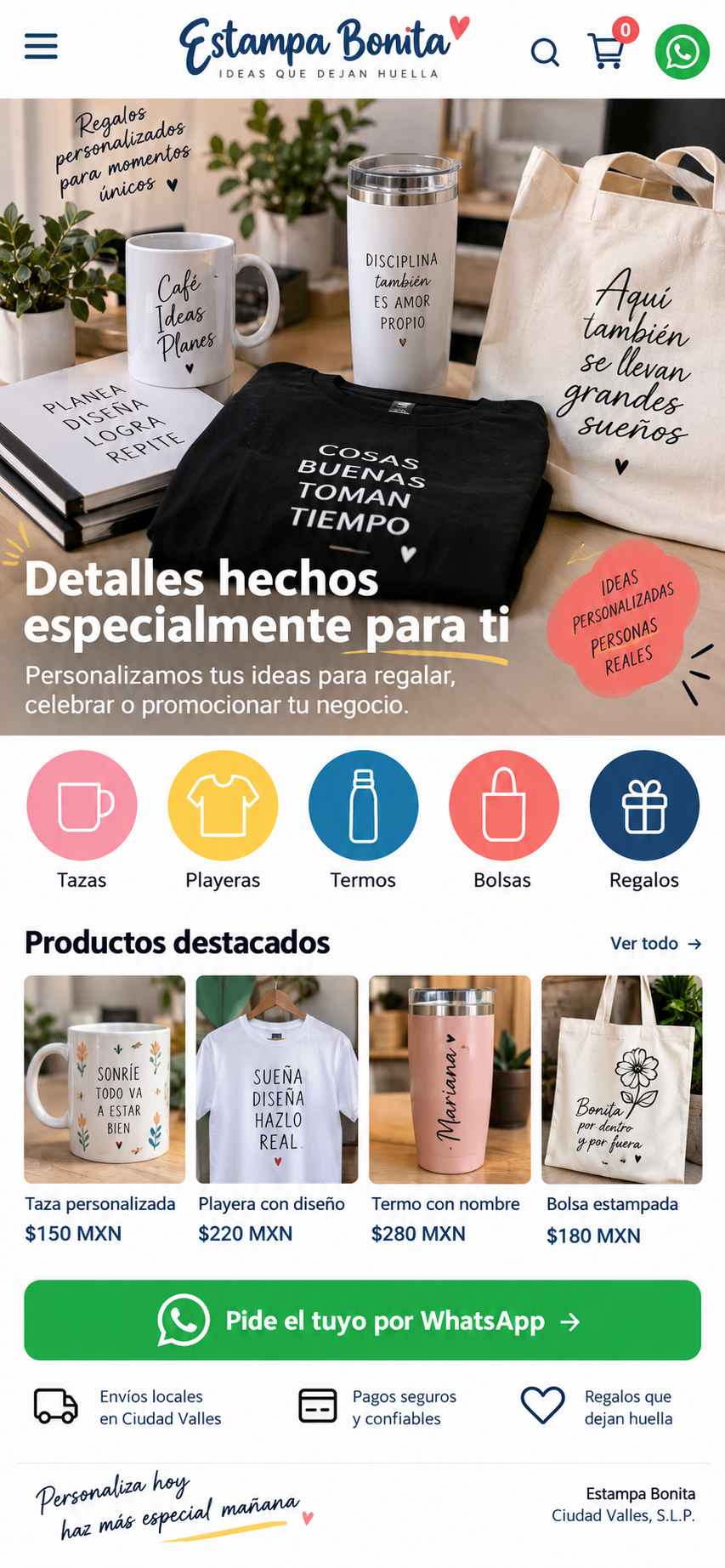 Catálogo digital de productos personalizados visto desde celular