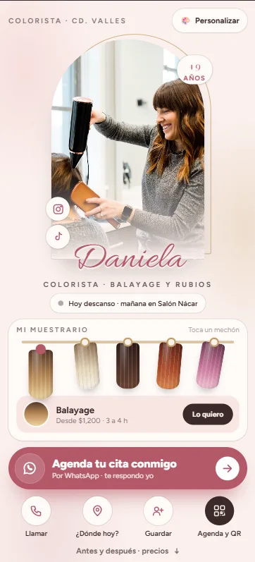 Tarjeta Digital para colorista, vista en celular