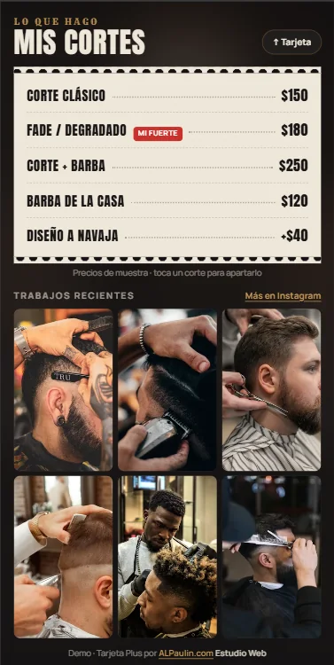 Tarjeta Plus para precios y trabajos, vista en celular