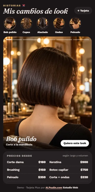 Tarjeta Plus para looks y precios, vista en celular